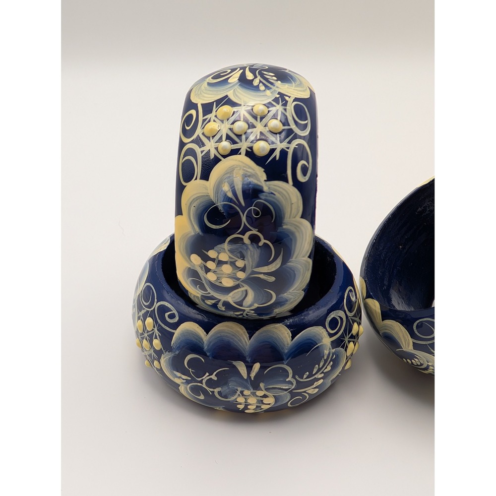 Hand Painted Blue Floral Wooden Napkin Rings Gzhel Style Set of 4